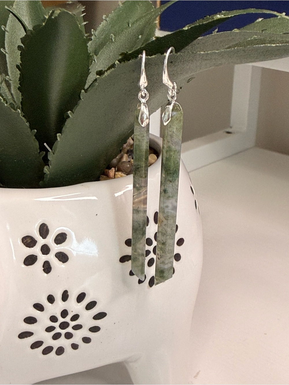 Hand Crafted Moss Agate Crystal 925 Sterling Silver Spike Drop Earrings